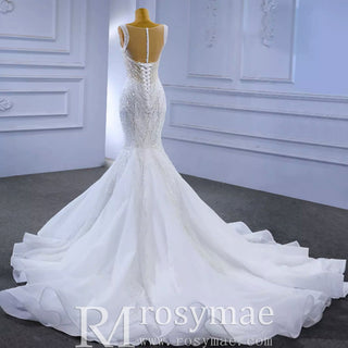 Luxury Beaded Mermaid Sheer Bodice Wedding Dress - Rosymae