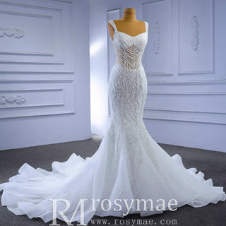 Luxury Beaded Mermaid Sheer Bodice Wedding Dress - Rosymae