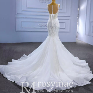 Luxury Beaded Mermaid Sheer Bodice Wedding Dress - Rosymae