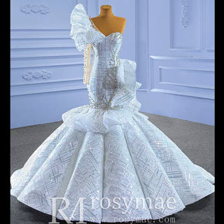 Luxury Beaded Mermaid Wedding Dress with One Shoulder Long Sleeve - Rosymae