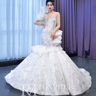 Luxury Beaded Mermaid Wedding Dress with One Shoulder Long Sleeve - Rosymae