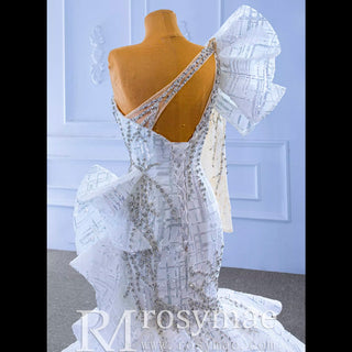 Luxury Beaded Mermaid Wedding Dress with One Shoulder Long Sleeve - Rosymae