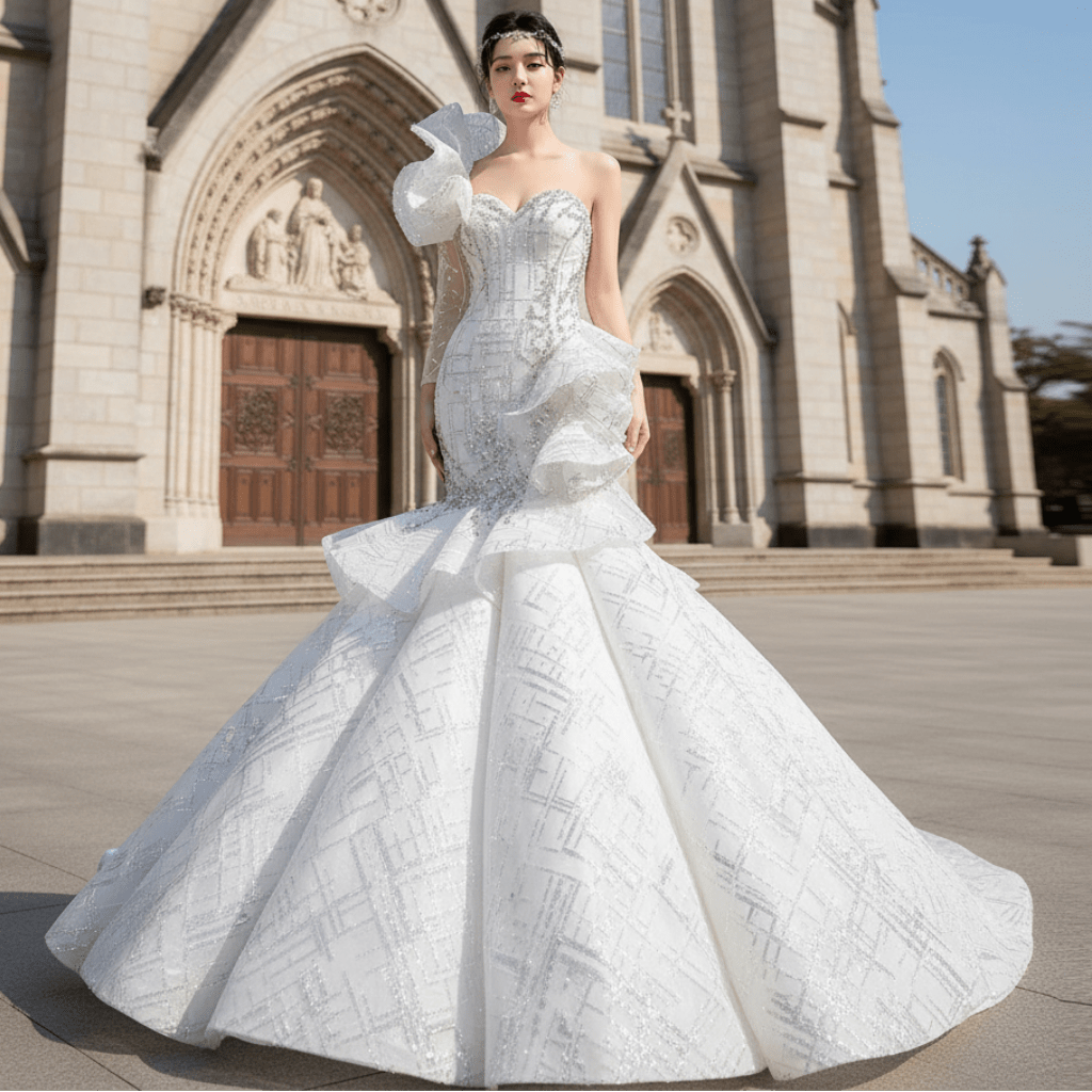 one shoulder wedding dress mermaid 2022 Ivory Satin One Shoulder mermaid crepe wedding dress with Elegant Bowknot
