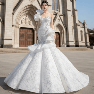 Luxury Beaded Mermaid Wedding Dress with One Shoulder Long Sleeve - Rosymae