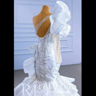 Luxury Beaded Mermaid Wedding Dress with One Shoulder Long Sleeve - Rosymae