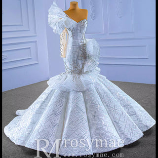 Luxury Beaded Mermaid Wedding Dress with One Shoulder Long Sleeve - Rosymae