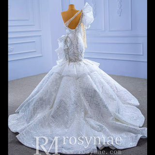 Luxury Beaded Mermaid Wedding Dress with One Shoulder Long Sleeve - Rosymae