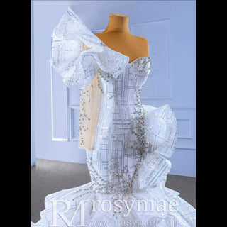 Luxury Beaded Mermaid Wedding Dress with One Shoulder Long Sleeve - Rosymae