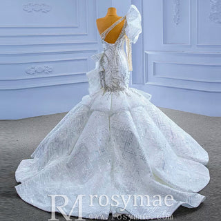 Luxury Beaded Mermaid Wedding Dress with One Shoulder Long Sleeve - Rosymae