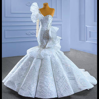 Luxury Beaded Mermaid Wedding Dress with One Shoulder Long Sleeve - Rosymae