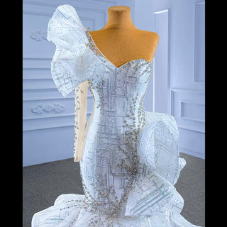 Luxury Beaded Mermaid Wedding Dress with One Shoulder Long Sleeve - Rosymae