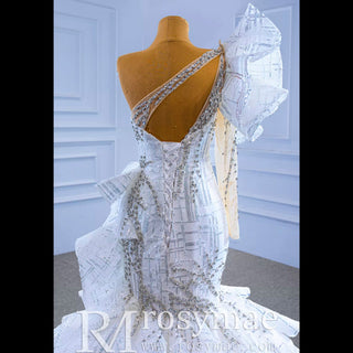 Luxury Beaded Mermaid Wedding Dress with One Shoulder Long Sleeve - Rosymae