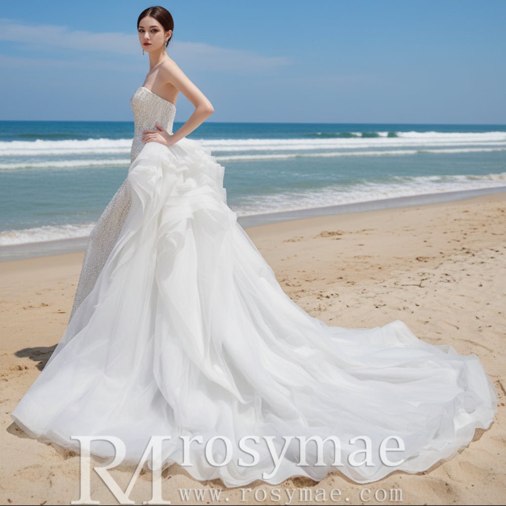 Luxury Beaded Mermaid Wedding Dress with Ruffle Detachable Train - Rosymae