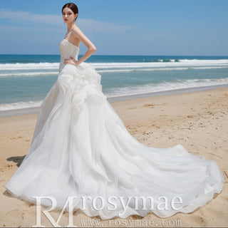 Luxury Beaded Mermaid Wedding Dress with Ruffle Detachable Train - Rosymae