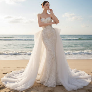 Luxury Beaded Mermaid Wedding Dress with Ruffle Detachable Train - Rosymae