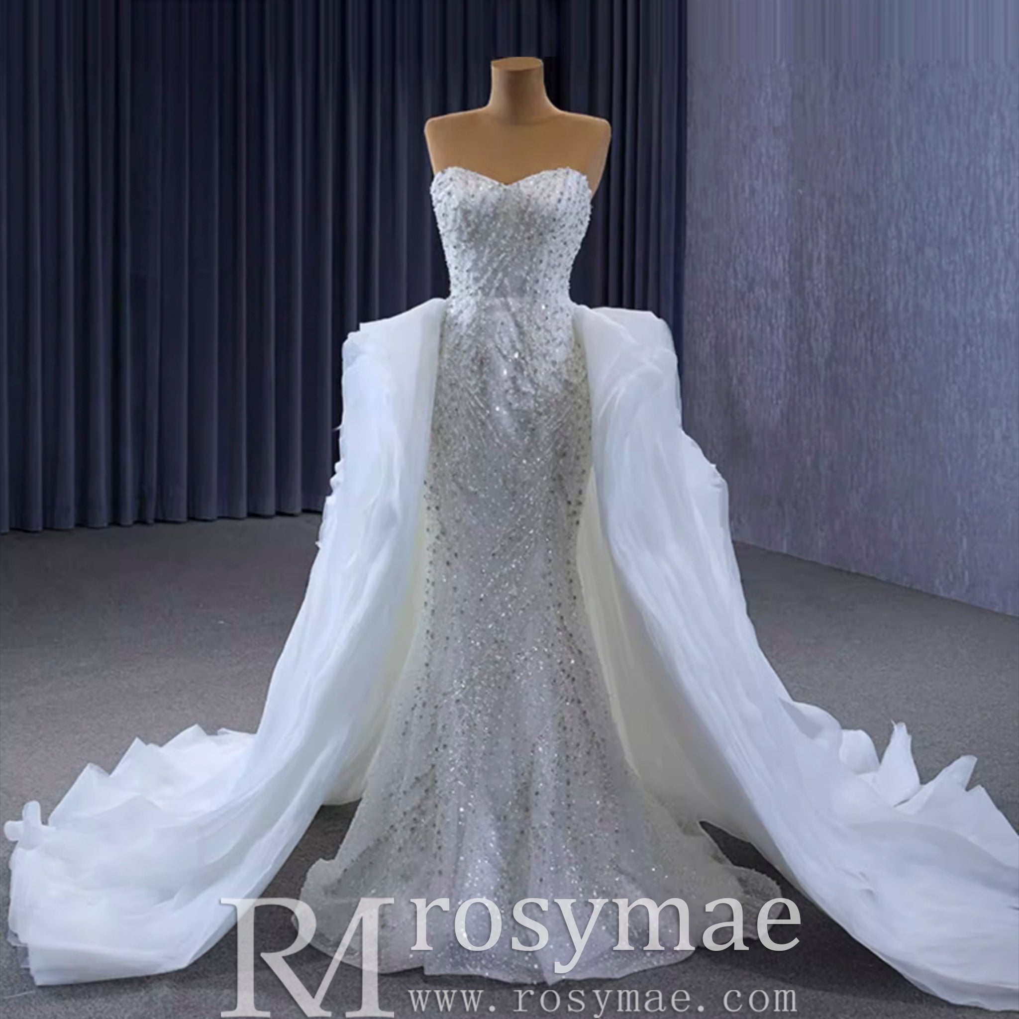 Luxury Beaded Mermaid Wedding Dress with Ruffle Detachable Train - Rosymae