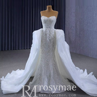 Luxury Beaded Mermaid Wedding Dress with Ruffle Detachable Train - Rosymae