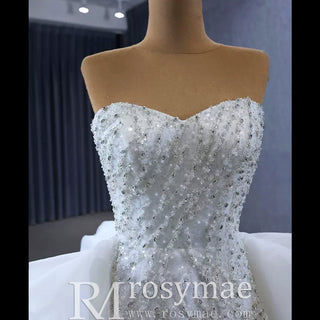 Luxury Beaded Mermaid Wedding Dress with Ruffle Detachable Train - Rosymae