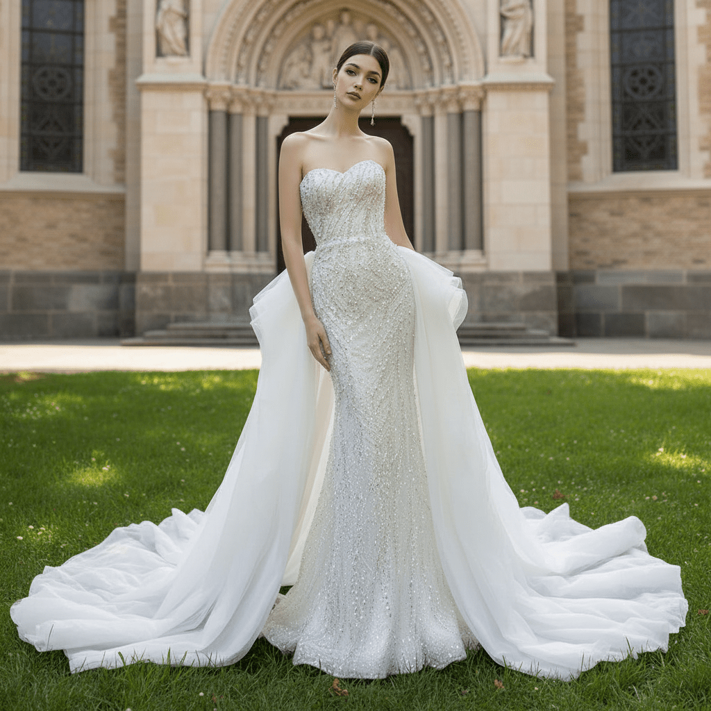 Luxury Beaded Mermaid Wedding Dress with Ruffle Detachable Train - Rosymae