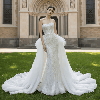Luxury Beaded Mermaid Wedding Dress with Ruffle Detachable Train - Rosymae