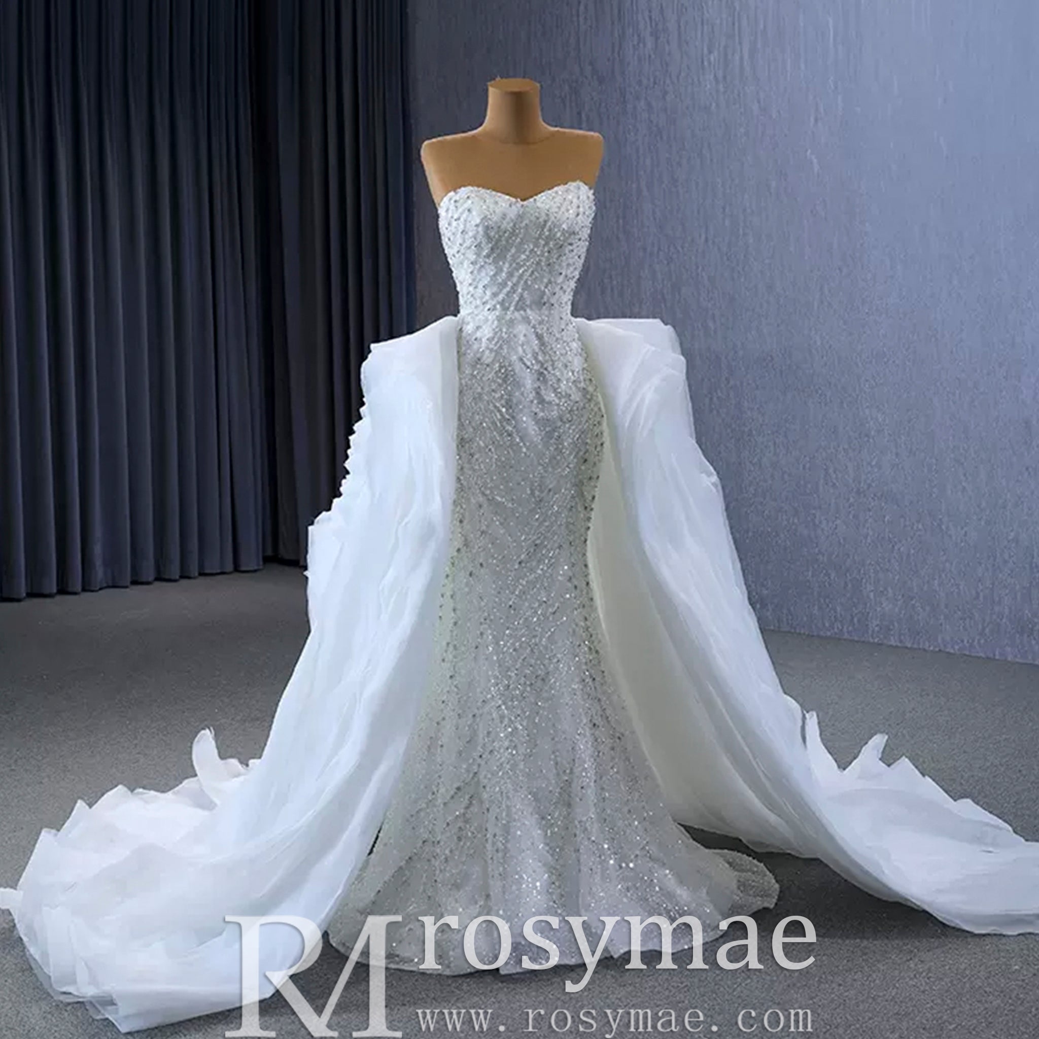 Luxury Beaded Mermaid Wedding Dress with Ruffle Detachable Train - Rosymae