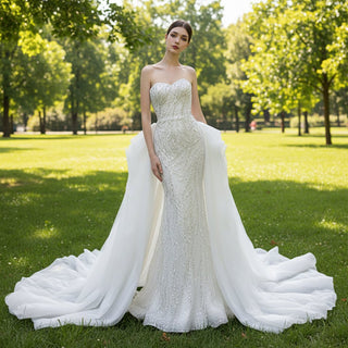Luxury Beaded Mermaid Wedding Dress with Ruffle Detachable Train - Rosymae