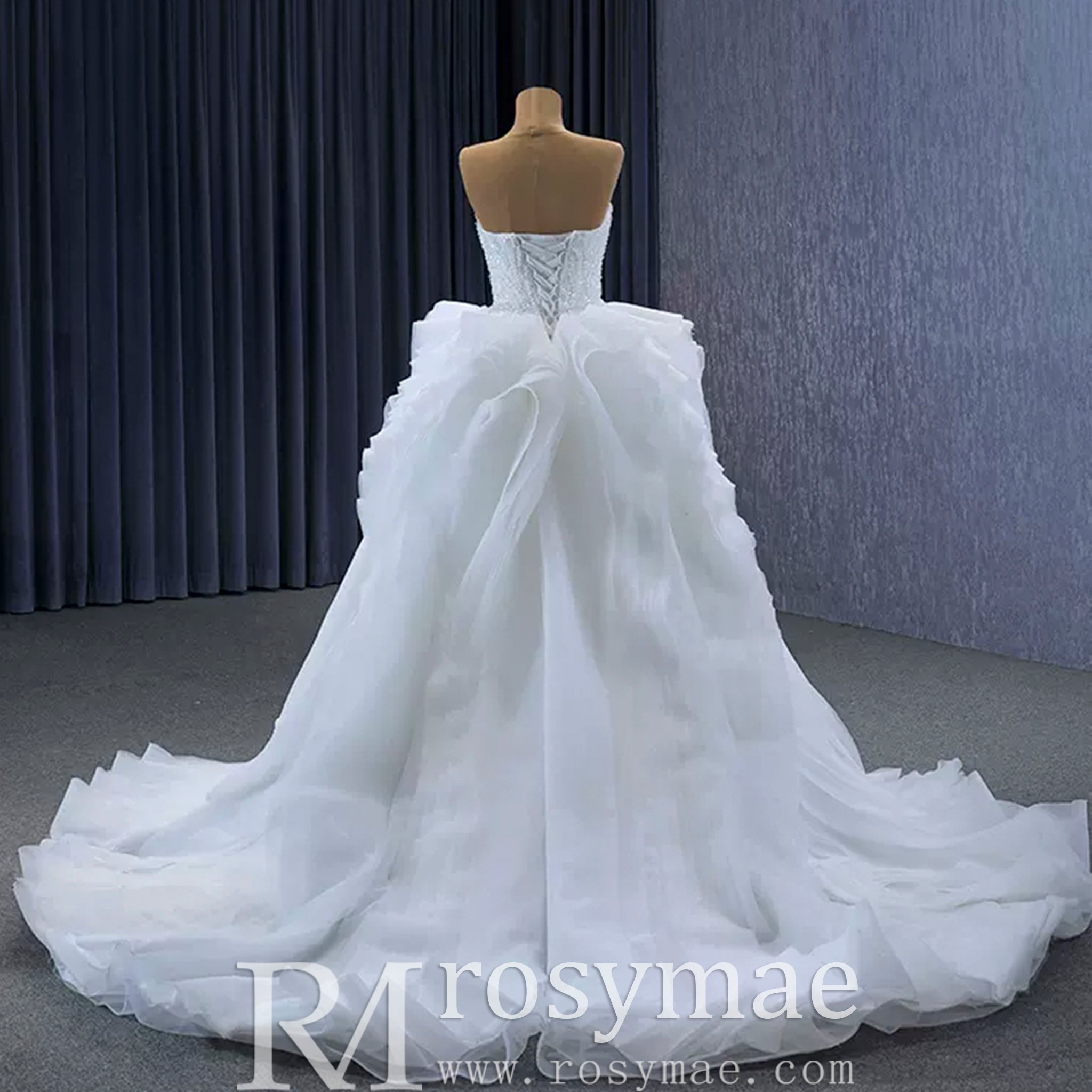 Luxury Beaded Mermaid Wedding Dress with Ruffle Detachable Train - Rosymae