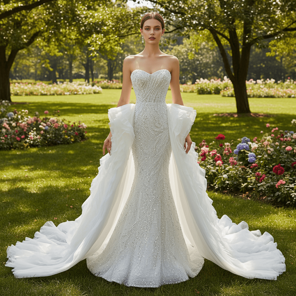 Luxury Beaded Mermaid Wedding Dress with Ruffle Detachable Train - Rosymae