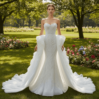 Luxury Beaded Mermaid Wedding Dress with Ruffle Detachable Train - Rosymae
