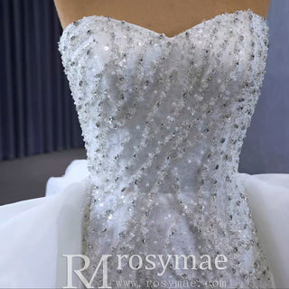 Luxury Beaded Mermaid Wedding Dress with Ruffle Detachable Train - Rosymae