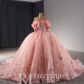 Luxury Beaded Pearl Quinceanera Dress Formal Gown with Detachable Sleeve - Rosymae