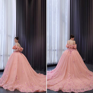 Luxury Beaded Pearl Quinceanera Dress Formal Gown with Detachable Sleeve - Rosymae