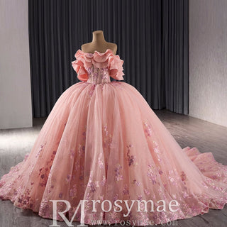Luxury Beaded Pearl Quinceanera Dress Formal Gown with Detachable Sleeve - Rosymae