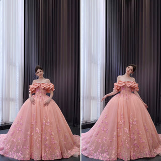 Luxury Beaded Pearl Quinceanera Dress Formal Gown with Detachable Sleeve - Rosymae