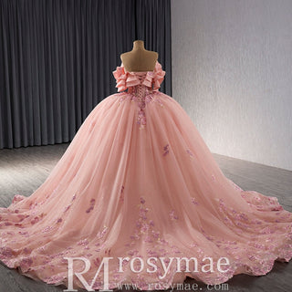 Luxury Beaded Pearl Quinceanera Dress Formal Gown with Detachable Sleeve - Rosymae