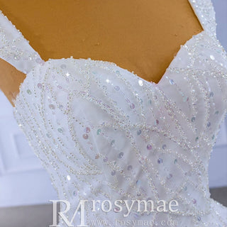 Luxury Beaded Ruffled Puffy Ball Gown Wedding Dress with Off the Shoulder - Rosymae