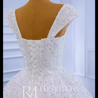Luxury Beaded Ruffled Puffy Ball Gown Wedding Dress with Off the Shoulder - Rosymae