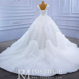 Luxury Beaded Ruffled Puffy Ball Gown Wedding Dress with Off the Shoulder - Rosymae