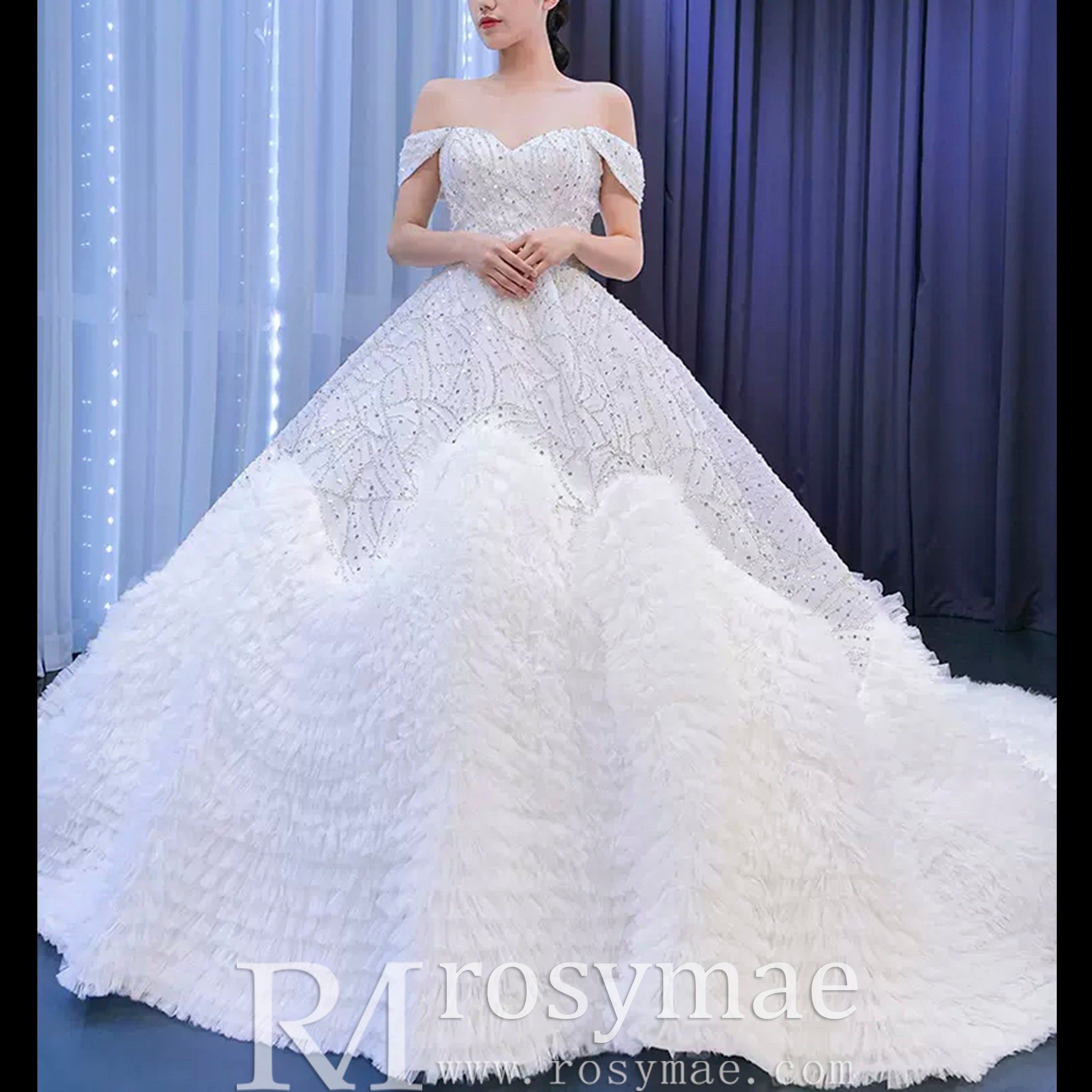 Luxury Beaded Ruffled Puffy Ball Gown Wedding Dress with Off the Shoulder - Rosymae