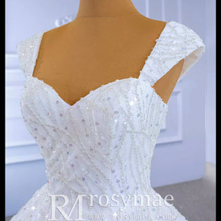 Luxury Beaded Ruffled Puffy Ball Gown Wedding Dress with Off the Shoulder - Rosymae