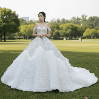 Luxury Beaded Ruffled Puffy Ball Gown Wedding Dress with Off the Shoulder - Rosymae