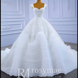 Luxury Beaded Ruffled Puffy Ball Gown Wedding Dress with Off the Shoulder - Rosymae
