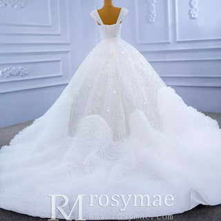 Luxury Beaded Ruffled Puffy Ball Gown Wedding Dress with Off the Shoulder - Rosymae