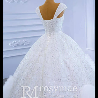 Luxury Beaded Ruffled Puffy Ball Gown Wedding Dress with Off the Shoulder - Rosymae
