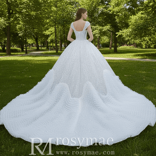 Luxury Beaded Ruffled Puffy Ball Gown Wedding Dress with Off the Shoulder - Rosymae