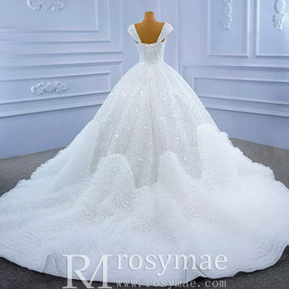Luxury Beaded Ruffled Puffy Ball Gown Wedding Dress with Off the Shoulder - Rosymae
