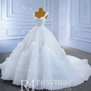 Luxury Beaded Ruffled Puffy Ball Gown Wedding Dress with Off the Shoulder - Rosymae