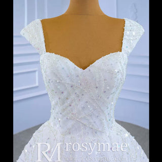 Luxury Beaded Ruffled Puffy Ball Gown Wedding Dress with Off the Shoulder - Rosymae