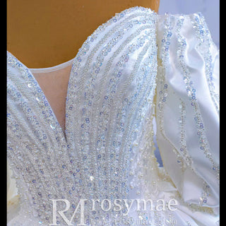Luxury Beaded Sparkly Ball Gown Puffy Wedding Gown with Bishop Sleeve - Rosymae