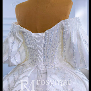 Luxury Beaded Sparkly Ball Gown Puffy Wedding Gown with Bishop Sleeve - Rosymae